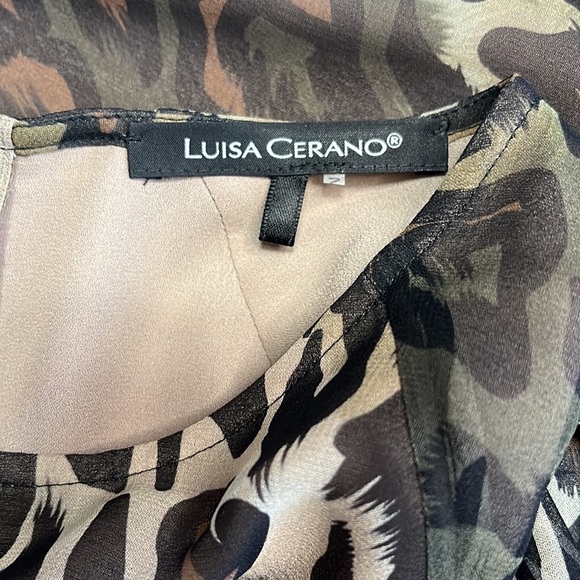 LUISA CERANO Leopard Silk Chiffon Dress Brown Cream Knee Length Shift Sz M - Picture 11 of 13